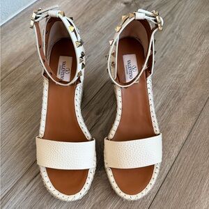 Valentino Double Rockstud Grainy Calfskin Wedge Sandal